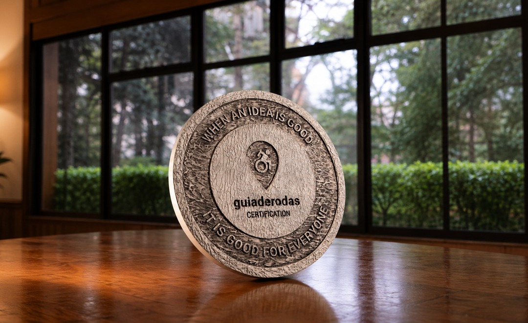 Placa da Certificação Guiaderodas sobre mesa de madeira em ambiente corporativo