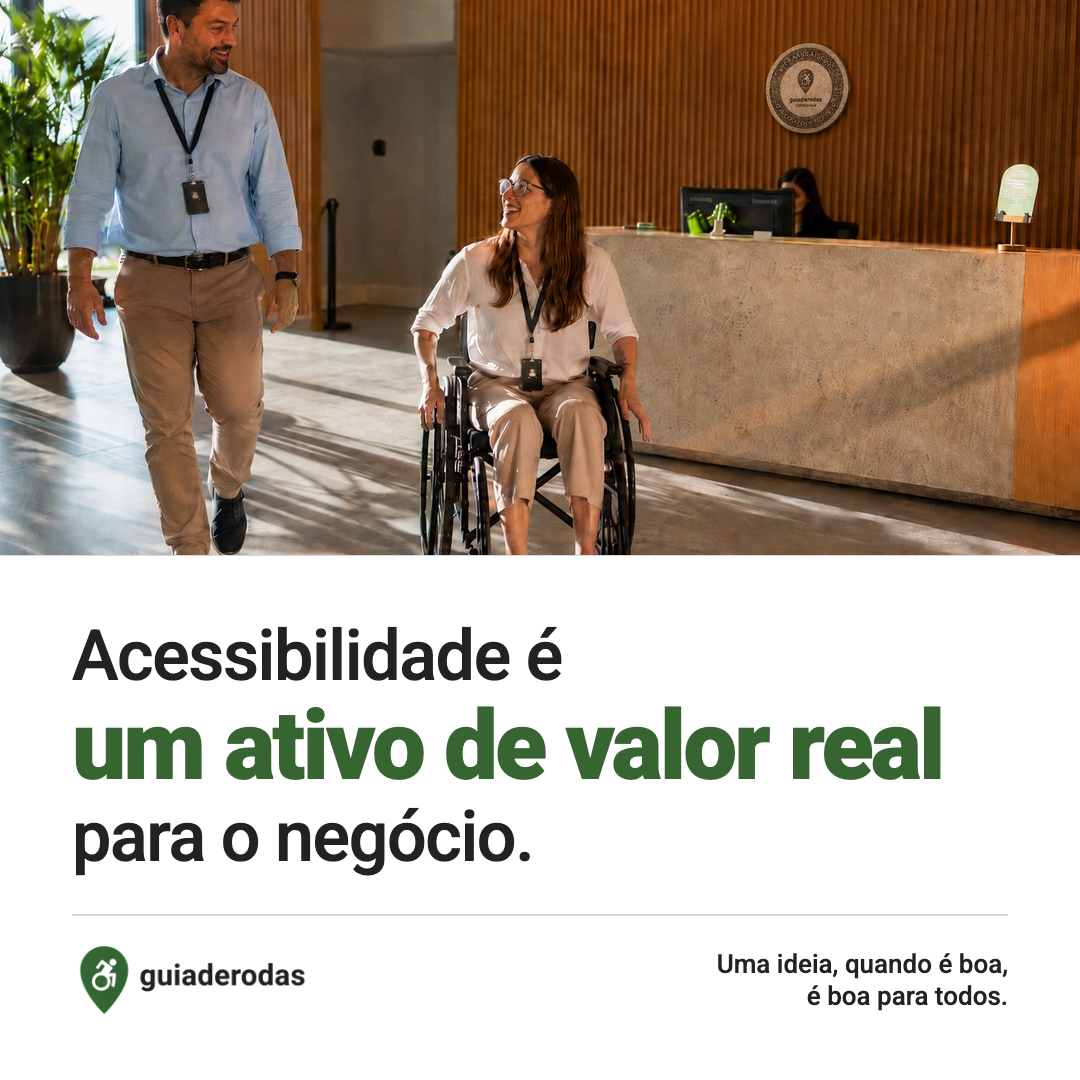 Mockup do Post 2: lettering 'Acessibilidade é um ativo de valor real para o negócio.' com tag de editoria e placeholder de foto institucional