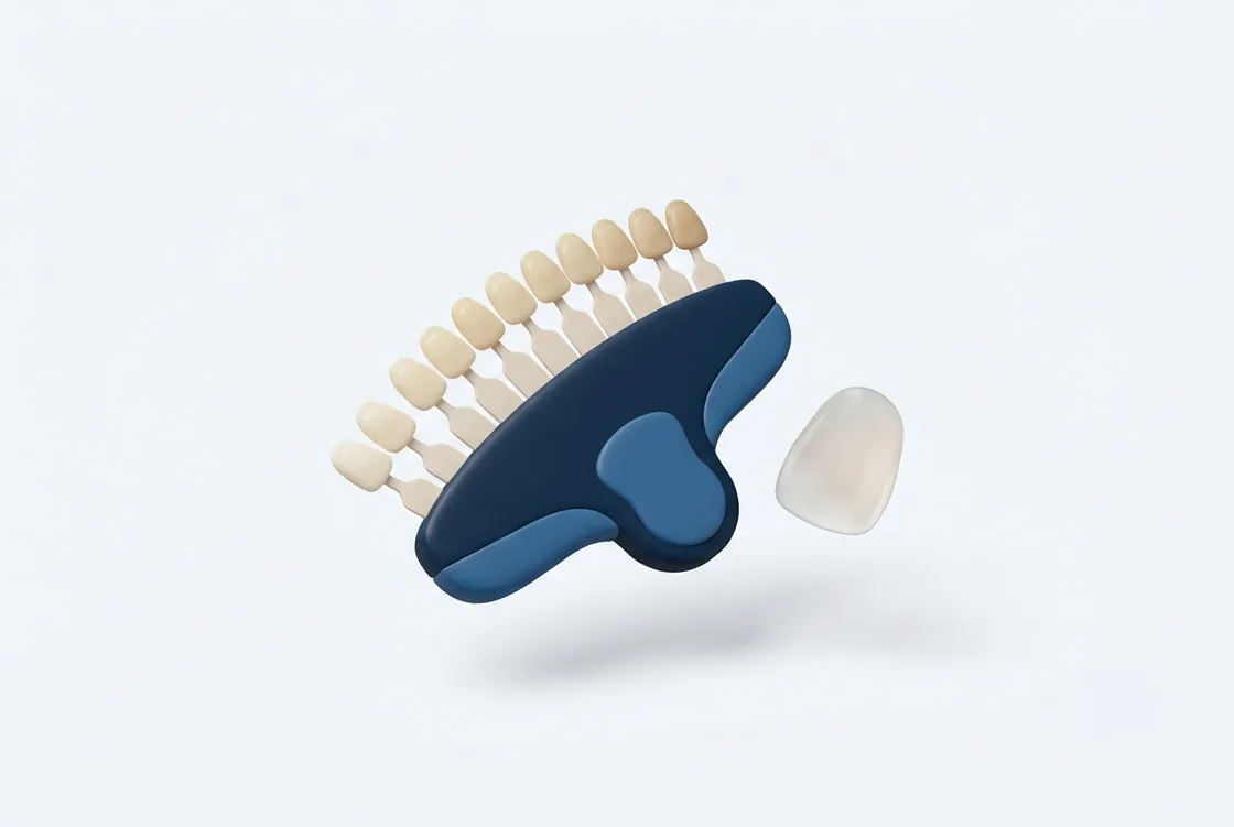 Ilustração de uma escala de cores dental e uma lâmina cerâmica